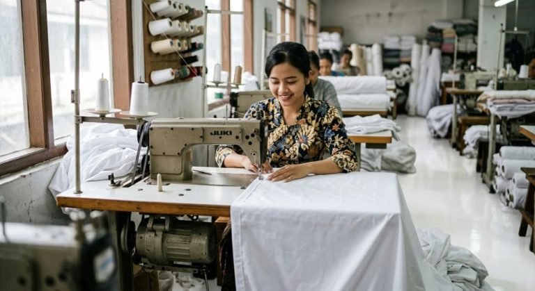 Penjahit Ardatera menjahit linen putih di workshop